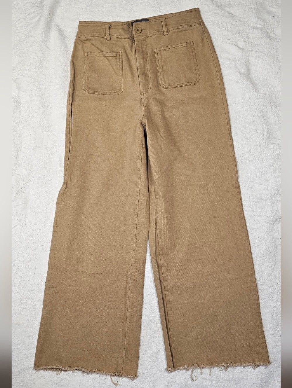Hudson Gray High Rise Wide Leg Pants Large Tan Stretch Raw Hem